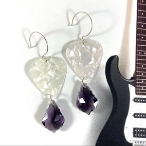 Pearl white guitar pick earrings with purple crystal drops